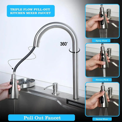 Smart Waterfall (37"x18"x10) Inch 304 Stainless Steel Kitchen Sink Silver
